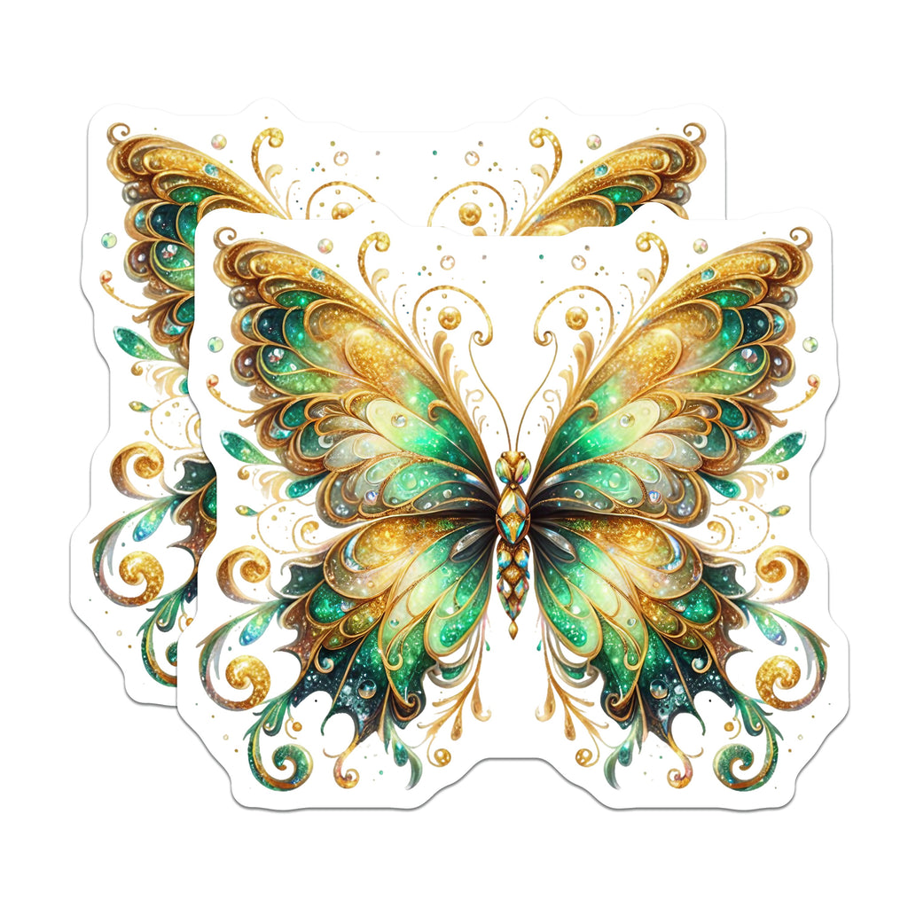 (2 Pack) Ornate Butterfly Magnets - Emerald Gold Fridge Decor - Whimsical Nature Art - 5 Inches On Longest Side - Thick Durable Magnet - Made in USA - MAG38194