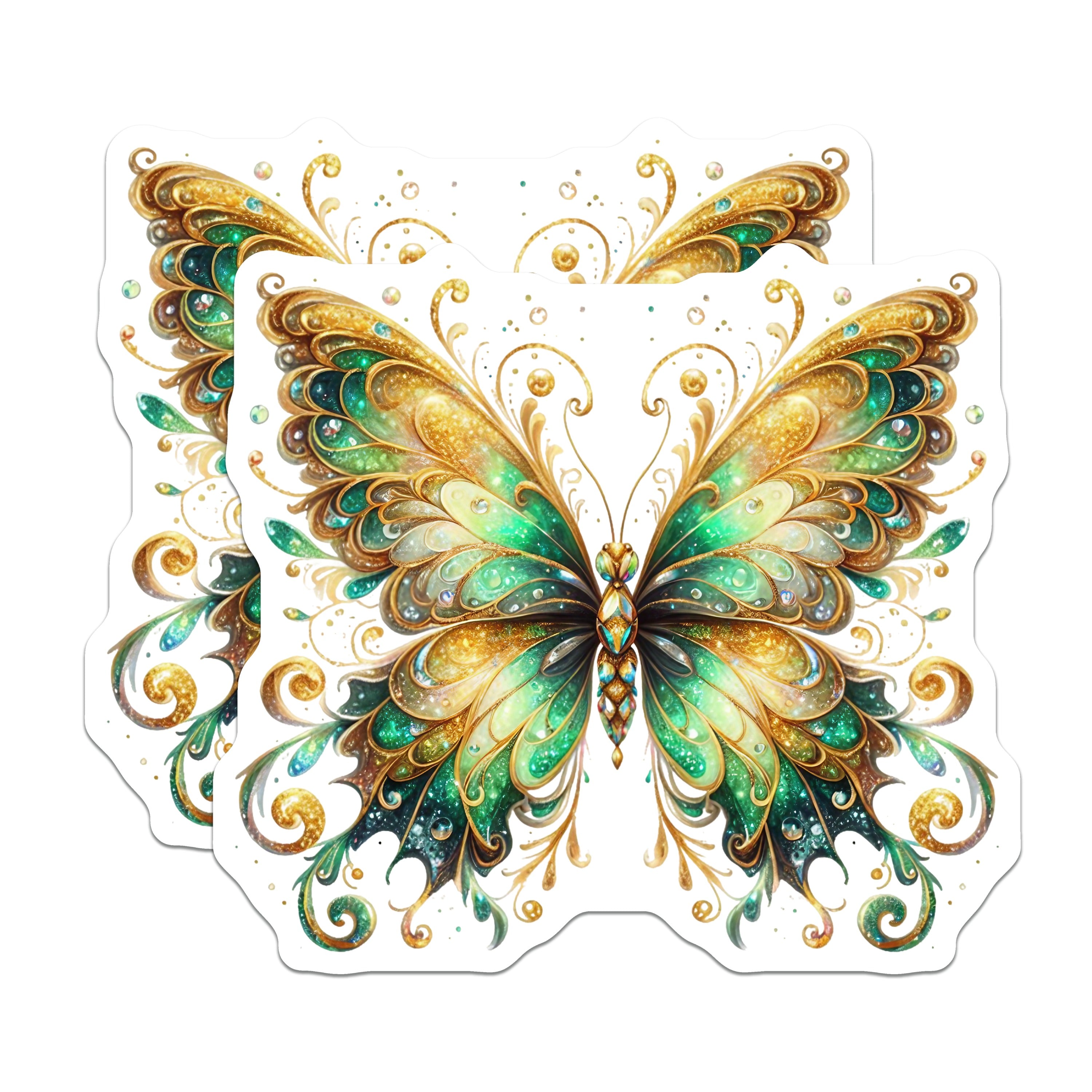 (2 Pack) Ornate Butterfly Magnets - Emerald Gold Fridge Decor - Whimsical Nature Art - 5 Inches On Longest Side - Thick Durable Magnet - Made in USA - MAG38194