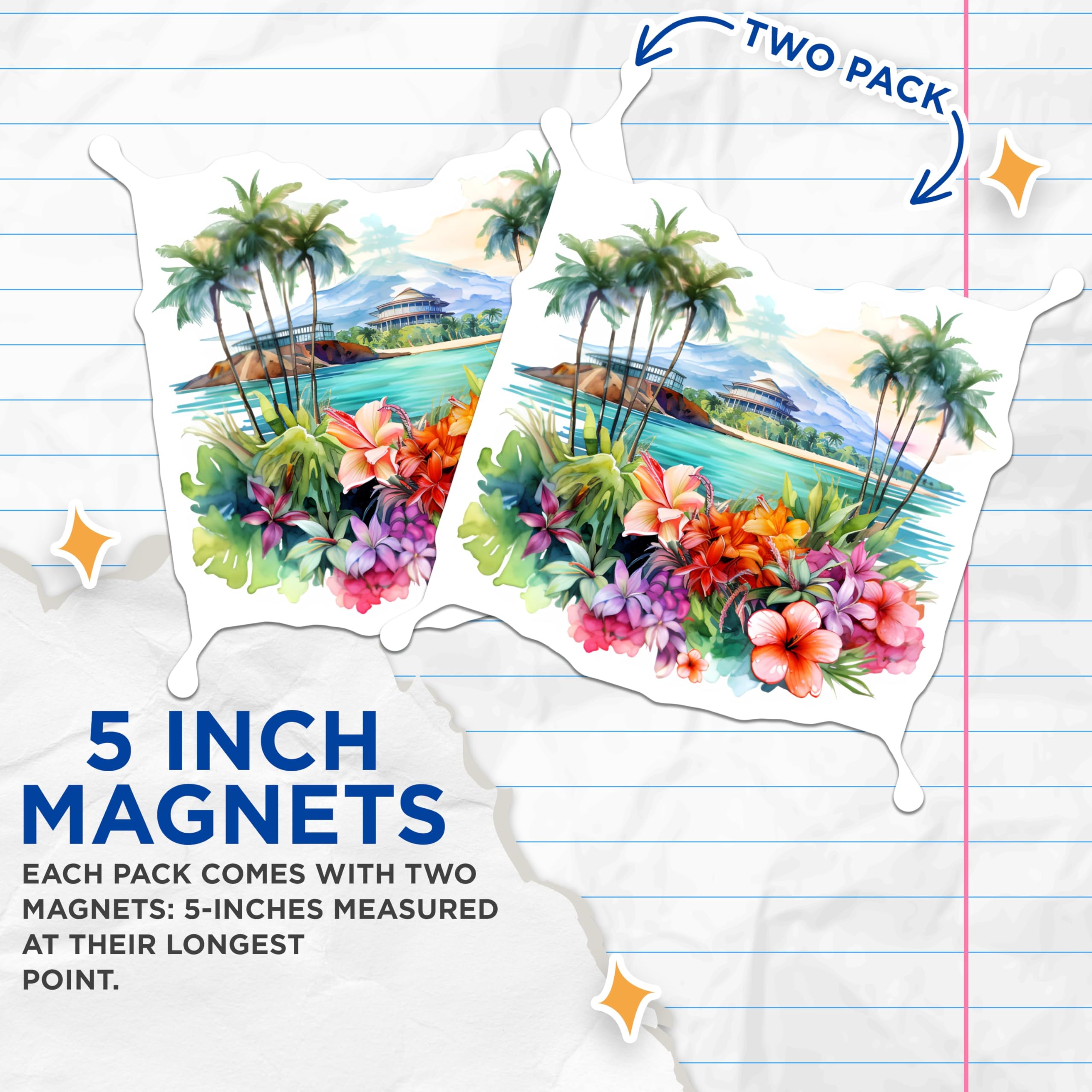 (2 Pack) Tropical Paradise Magnets - Vibrant Watercolor Island Art - Palm Trees Hibiscus Flowers Beach Vacation Decor - 5 Inches On Longest Side - Thick Durable Magnet - Made in USA - MAG20113