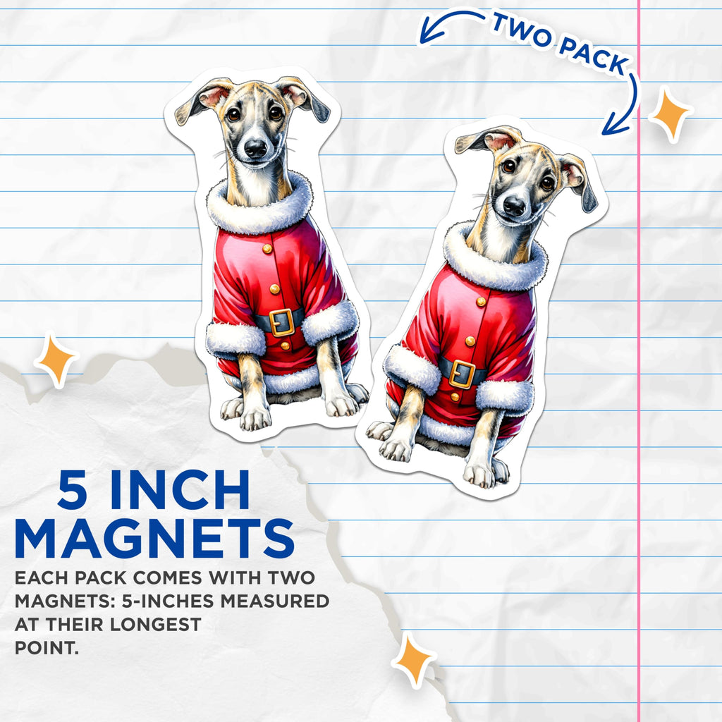 (2 Pack) Smiling Whippet Santa Dog Magnets - Christmas Holiday Canine Decor - Festive Refrigerator Display Accessory - 5 Inches On Longest Side - Thick Durable Magnet - Made in USA - MAG25000