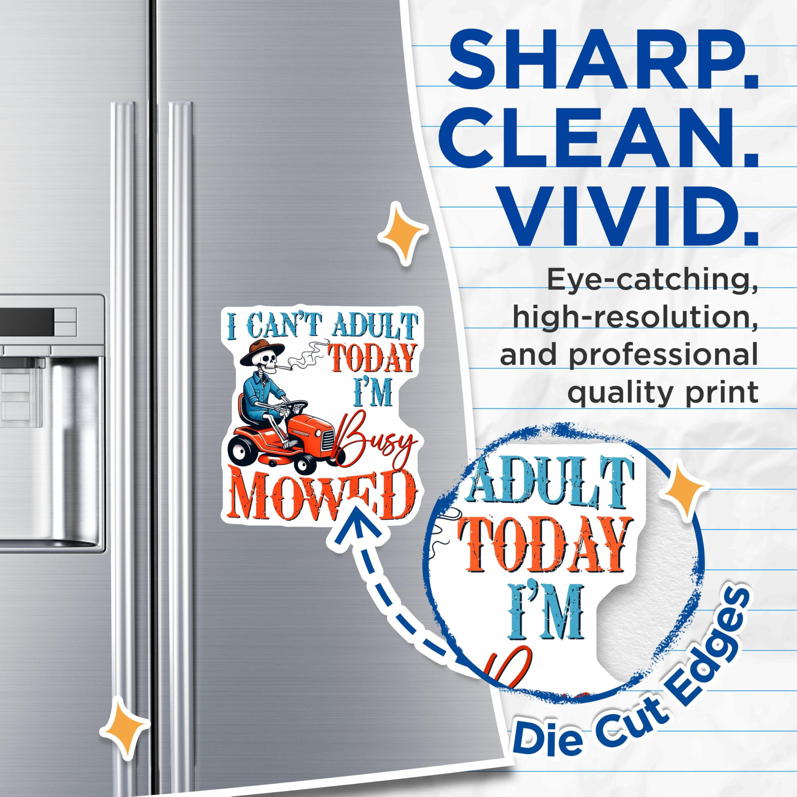 (2 Pack) Can't Adult Today Magnets - Funny Lawn Mower - Skeleton on Tractor - 5" On Longest Side - for Cars, Fridges, Toolboxes - Made in USA - MAG7486