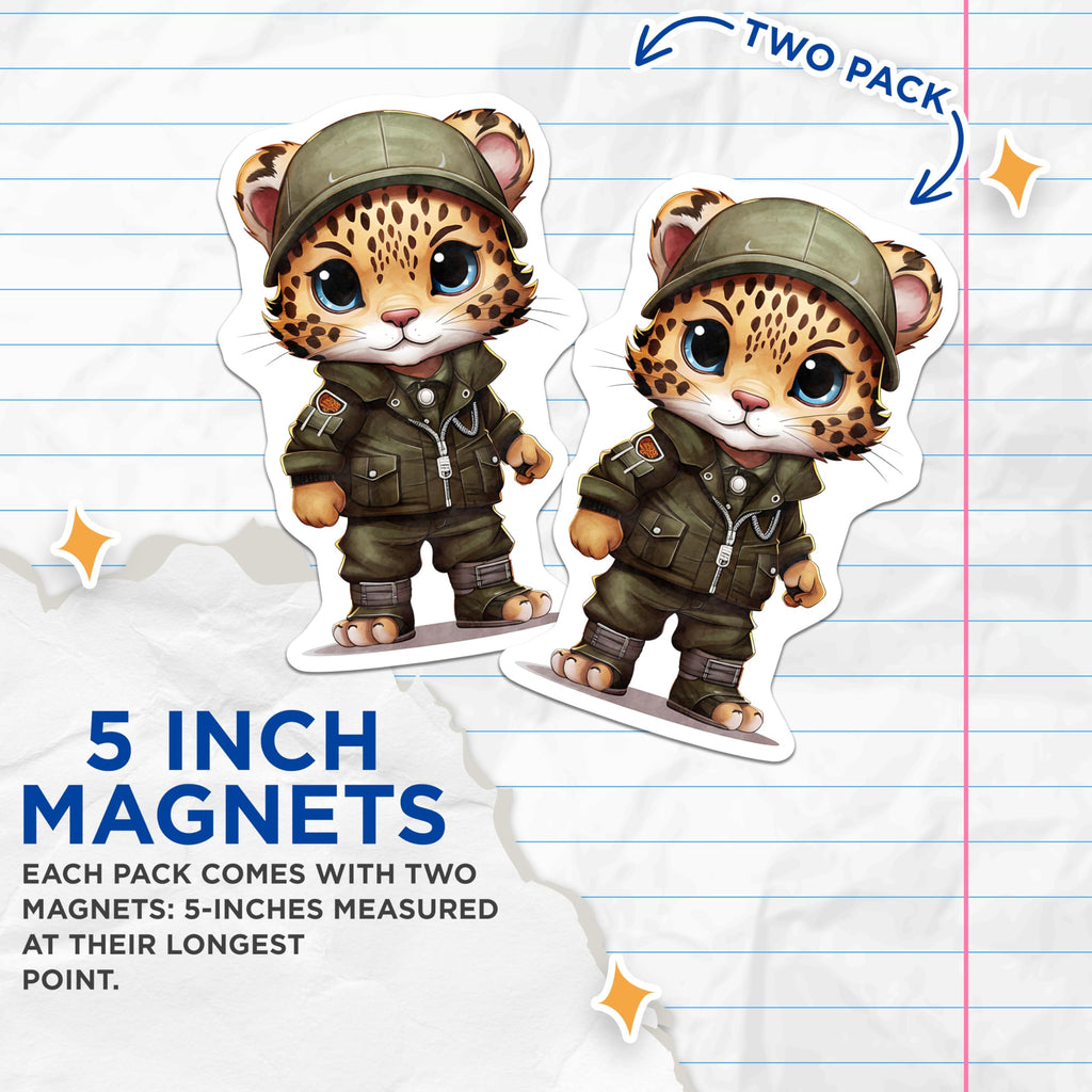 (2 Pack) Leopard Soldier Magnets - Cute Cartoon Animal - Army Theme Fridge Decor - 5" On Longest Side - Premium Magnet - for Cars, Refrigerators, Toolboxes, Lockers - Made in USA - MAG16933