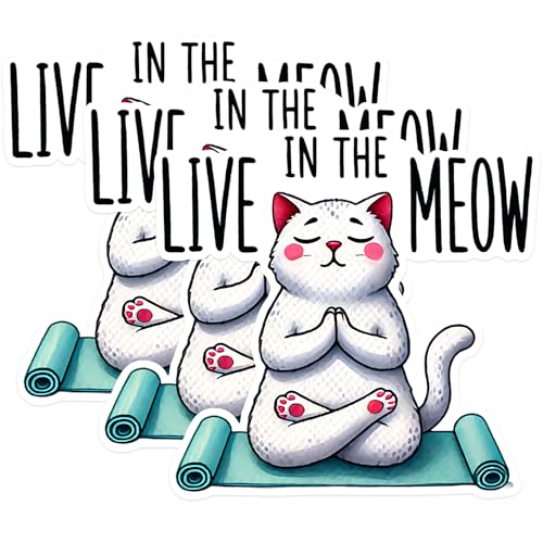(3 Pack) Yoga Cat Decals - Funny Cat Sticker - Live in The Meow - Laptop Decal - 3 Inches On Longest Side - Easy Peel & Apply - Made in USA - 3MCS1285
