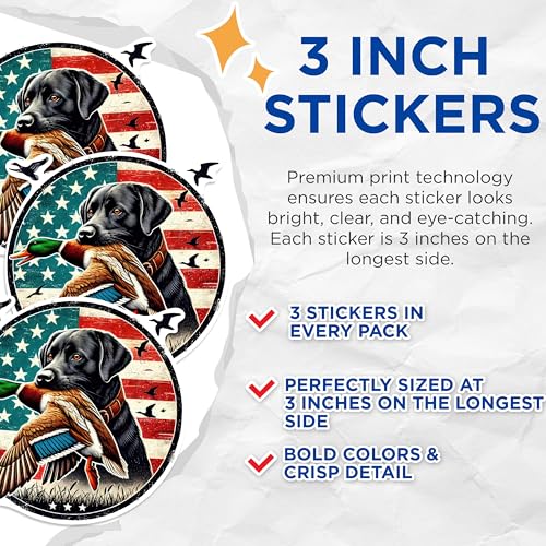 (3 Pack) Labrador Retriever Hunting Decals - Duck Decals - USA Flag Decals - 3 Inches On Longest Side - Easy Peel & Apply - Made in USA - 3MCS0968