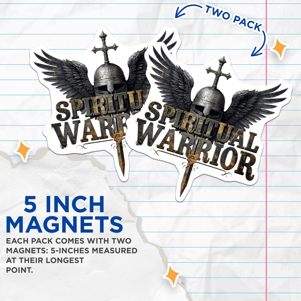 (2 Pack) Spiritual Warrior Magnets - Christian Knight Helmet - Angel Wings Cross Sword - Inspirational Faith Decor - 5 Inches On Longest Side - Thick Durable Magnet - Made in USA - MAG20123