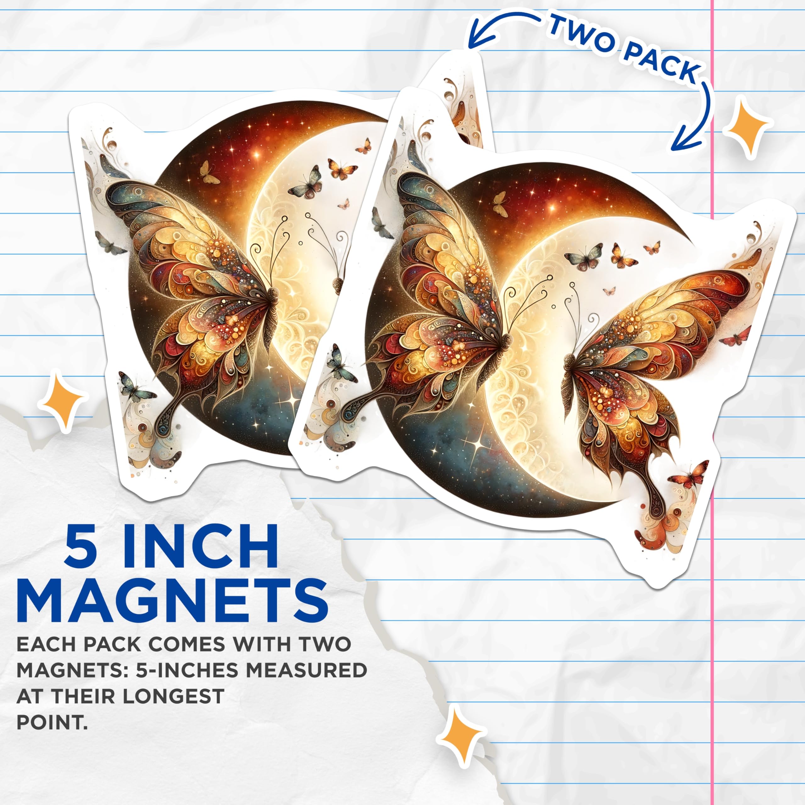 (2 Pack) Butterfly Wings Magnets - Celestial Moon Decor - Decorative Fridge Magnets - 5" On Longest Side - Premium Magnet - for Cars, Refrigerators, Toolboxes, Lockers - Made in USA - MAG14597
