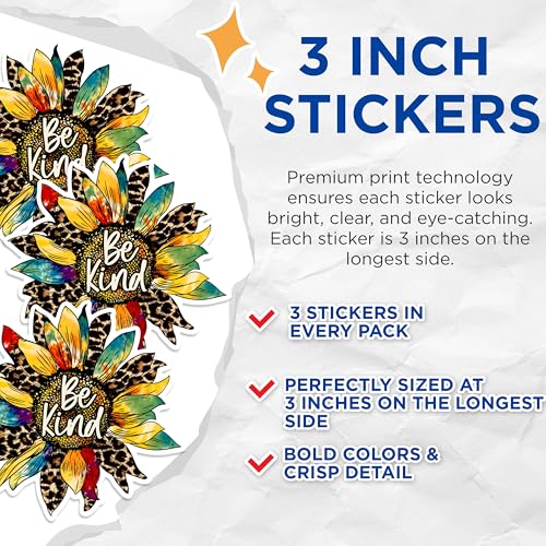 (3 Pack) Be Kind Sunflower Decals - Leopard Print - Tie Dye Flower - Laptop Decals - 3 Inches On Longest Side - Easy Peel & Apply - Made in USA - 3MCS1376