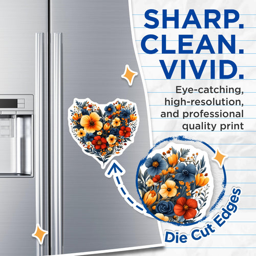 (2 Pack) Artistic Floral Heart Magnets - Vintage Botanical Bloom Art - Orange Blue Red Flower Decor - Kitchen Refrigerator - 5 Inches On Longest Side - Thick Durable Magnet - Made in USA - MAG23792