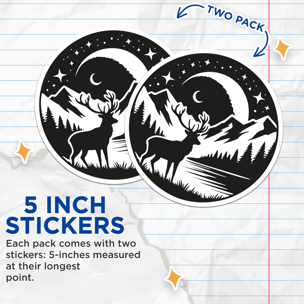 (2 Pack) Deer Silhouette Stickers - Forest Mountain Lake Night Sky - Wildlife Nature Celestial Decal - 5" On Longest Side - Sticks to Smooth Flat Surfaces - Made in USA - BMCS20901