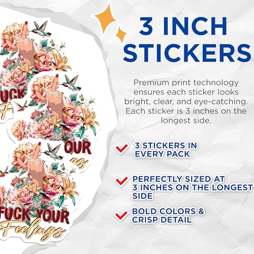 (3 Pack) Floral Middle Finger Decals - Funny Quote Laptop Decal - Sarcastic Feelings Decals - 3 Inches On Longest Side - Easy Peel & Apply - Made in USA - 3MCS7795