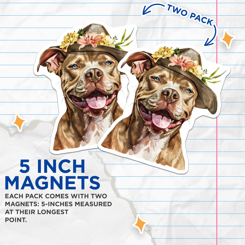 (2 Pack) Pit Bull Dog Magnets - Cowboy Hat Floral Dog - Boho Western Pet Parent Decor - 5 Inches On Longest Side - Thick Durable Magnet - Made in USA - MAG36856