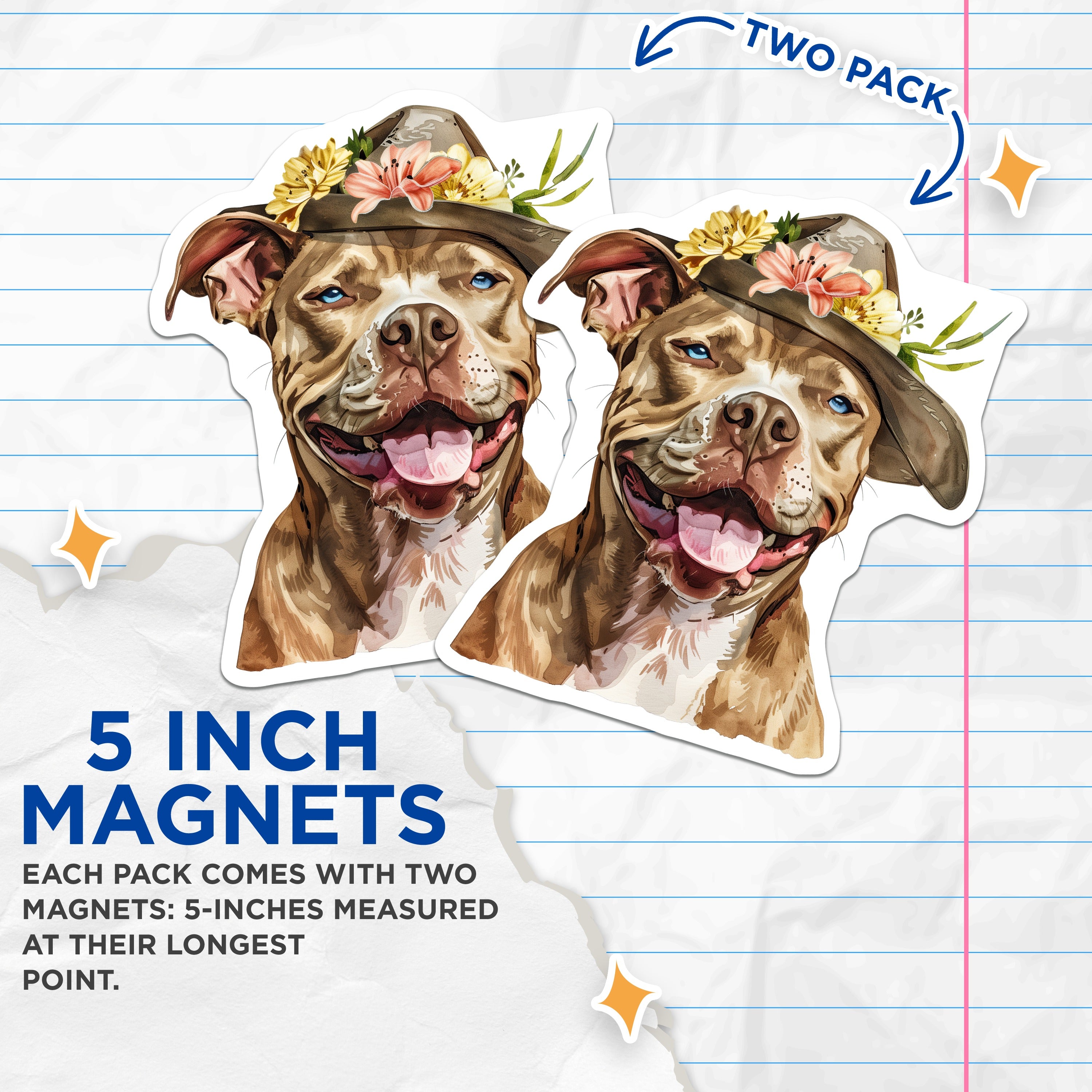 (2 Pack) Pit Bull Dog Magnets - Cowboy Hat Floral Dog - Boho Western Pet Parent Decor - 5 Inches On Longest Side - Thick Durable Magnet - Made in USA - MAG36856