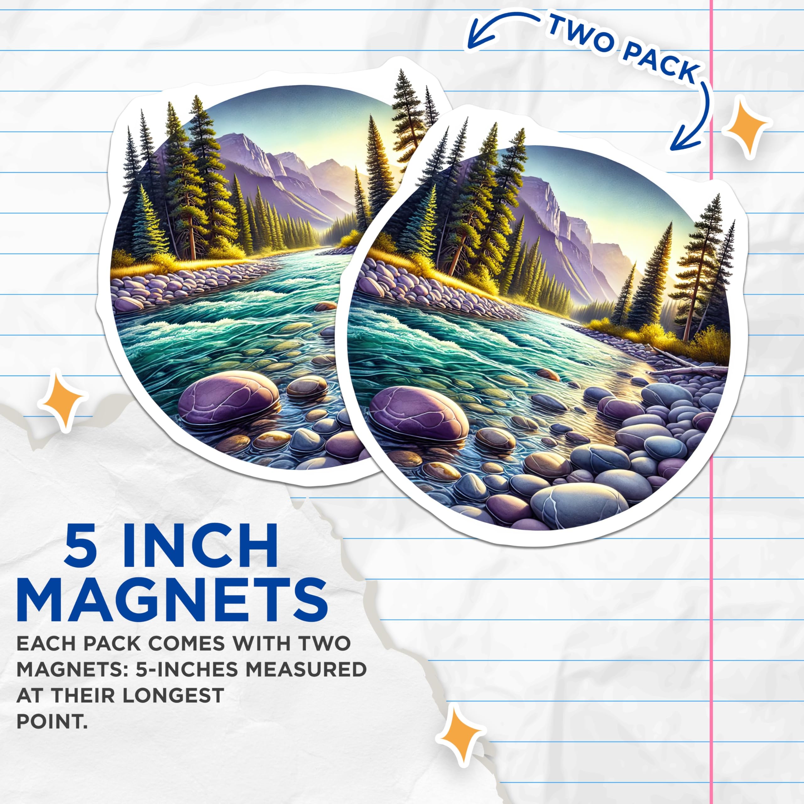 (2 Pack) River Scene Magnets - Mountain Landscape Decor - Nature Scenery Art - 5" On Longest Side - Premium Magnet - for Cars, Refrigerators, Toolboxes, Lockers - Made in USA - MAG17176