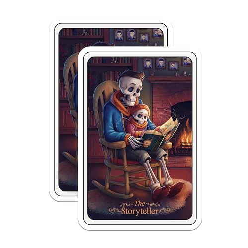 (2 Pack) The Storyteller Skeleton Stickers - Reading Time Skeletons - Cozy Fireplace Skeleton Illustration - 5" On Longest Side - Sticks to Smooth Flat Surfaces - Made in USA - BMCS4489