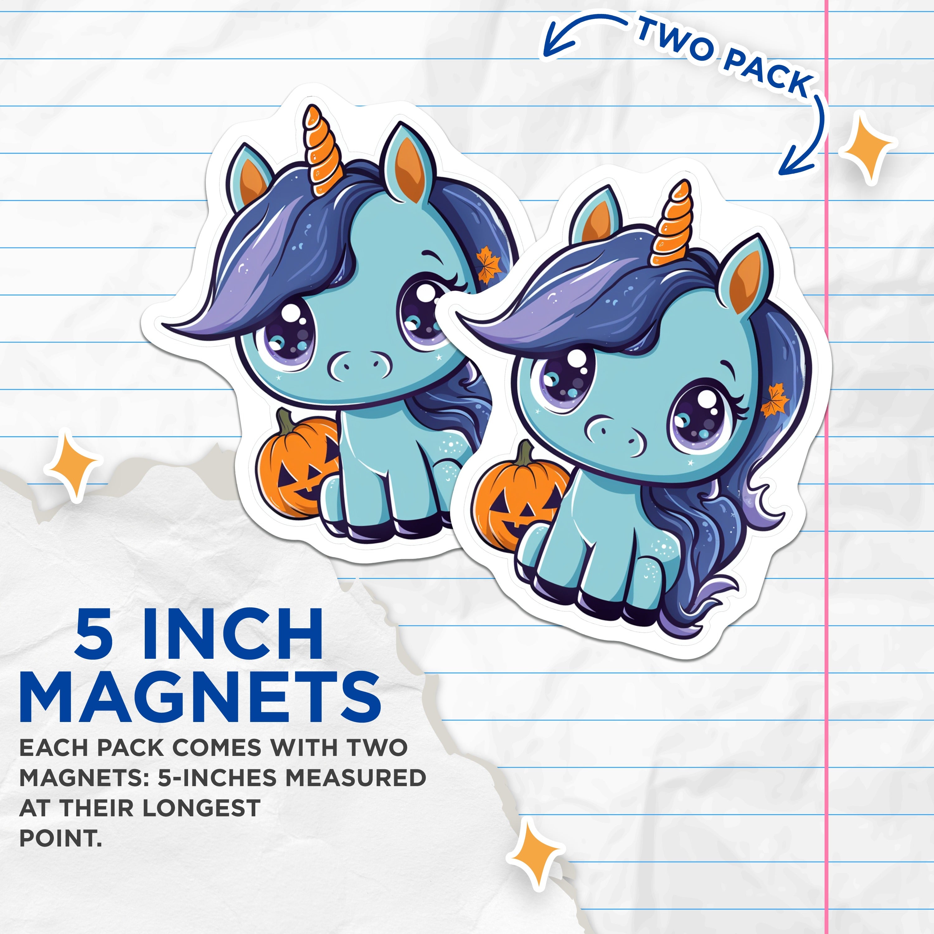 (2 Pack) Cute Halloween Unicorn Magnets - Kawaii Fantasy Decor - Jack O Lantern Autumn Refrigerator Magnets - 5 Inches On Longest Side - Thick Durable Magnet - Made in USA - MAG39219