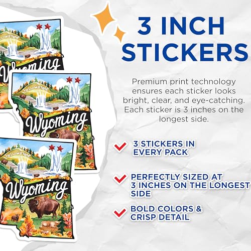 (3 Pack) Wyoming Decals - Yellowstone - Bison Decals - State Pride Decal- 3 Inches On Longest Side - Easy Peel & Apply - Made in USA - 3MCS5044