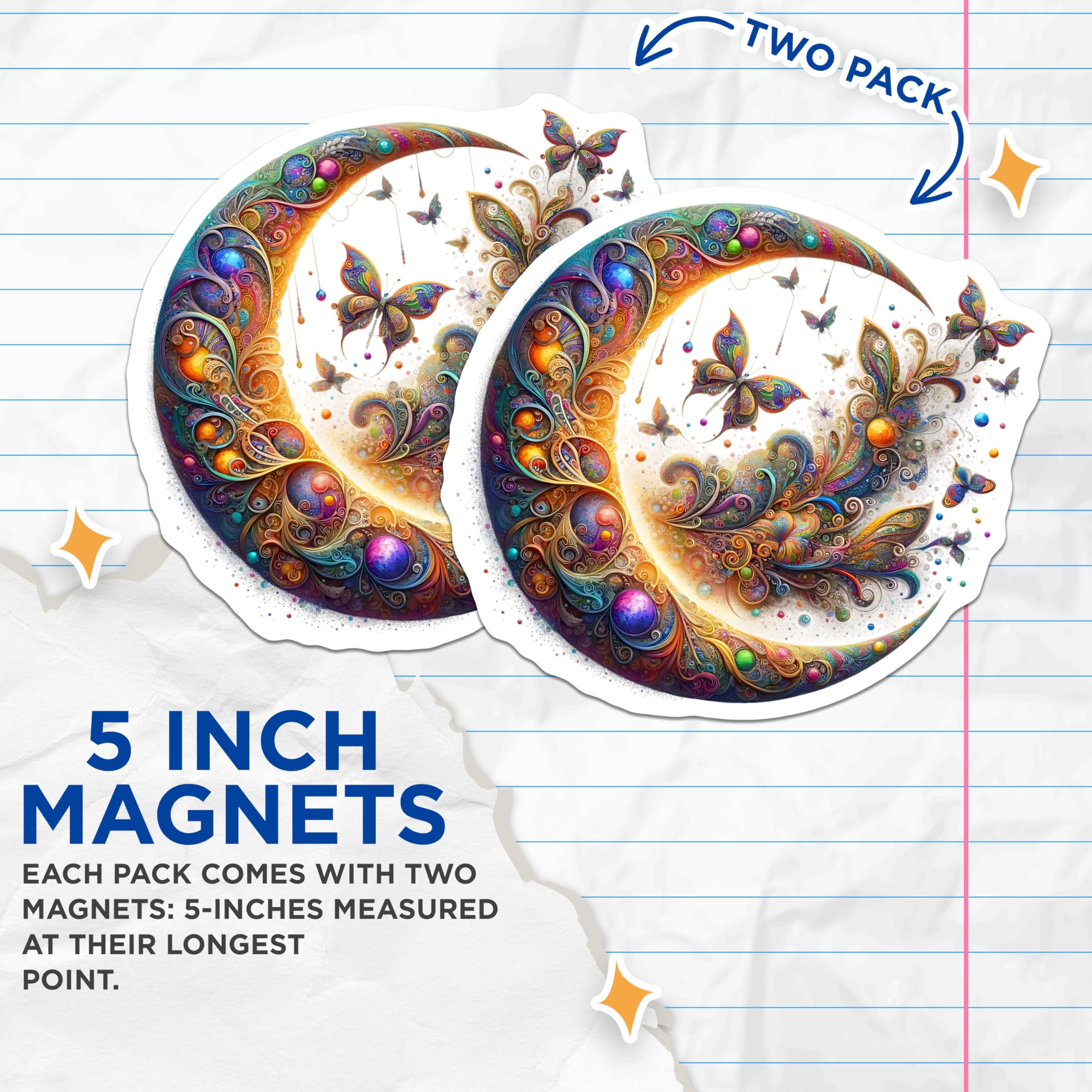 (2 Pack) Crescent Moon Magnets - Butterfly Design Magnets - Celestial Refrigerator Magnets - 5" On Longest Side - Premium Magnet - for Cars, Refrigerators, Toolboxes, Lockers - Made in USA - MAG15680