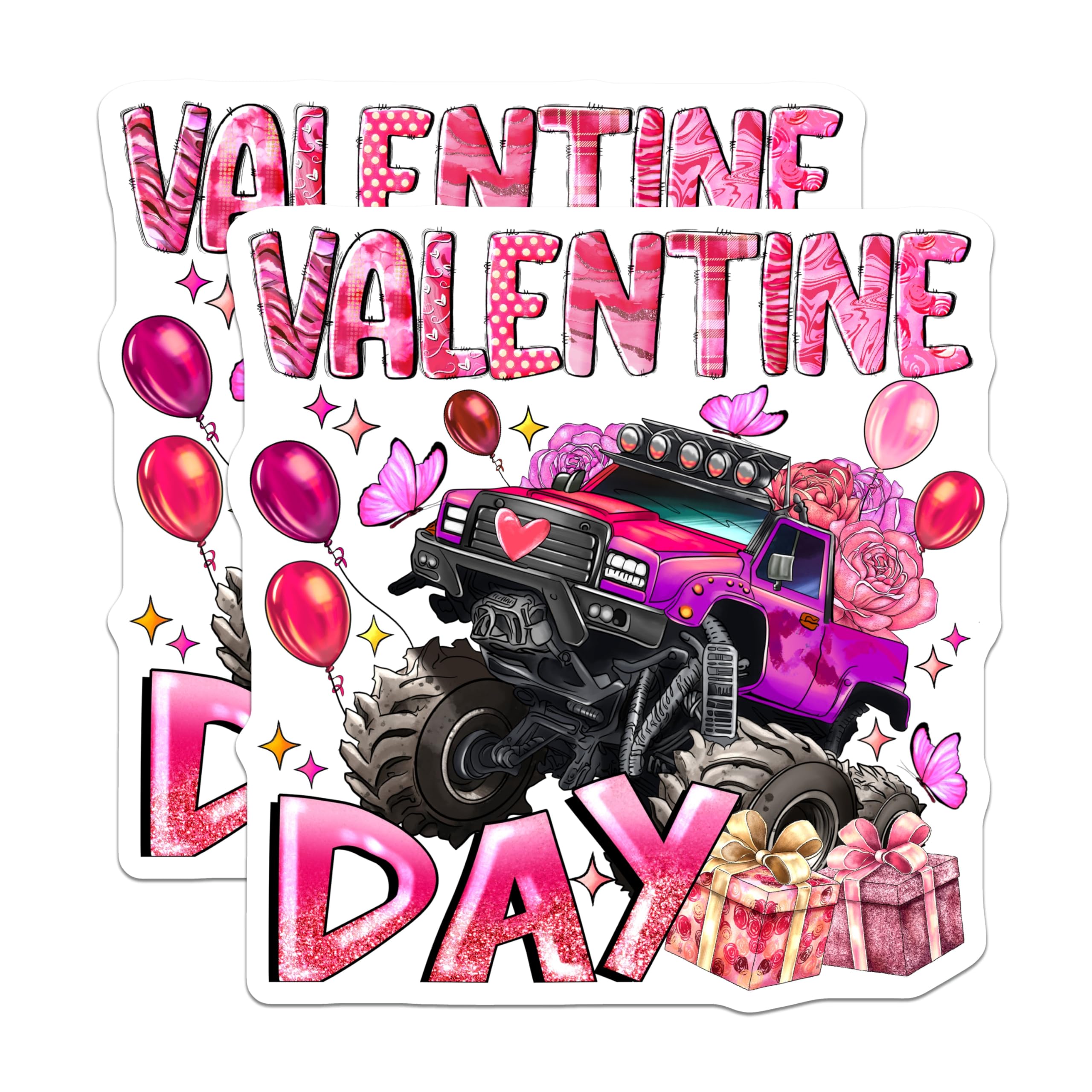 (2 Pack) Valentine Monster Truck Magnets - Pink Vehicle Decor - Kids February Classroom Favors - 5 Inches On Longest Side - Thick Durable Magnet - Made in USA - MAG30889