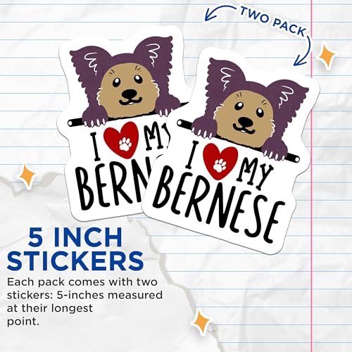 (2 Pack) I Love My Bernese Stickers - Dog Lover Decal - Cute Dog Paw Print Stickers - 5" On Longest Side - Sticks to Smooth Flat Surfaces - Made in USA - BMCS4300