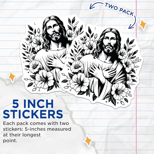 (2 Pack) Jesus Floral Stickers - Religious Art - Inspirational Stickers - 5" On Longest Side - Sticks to Smooth Flat Surfaces - Made in USA - BMCS7325