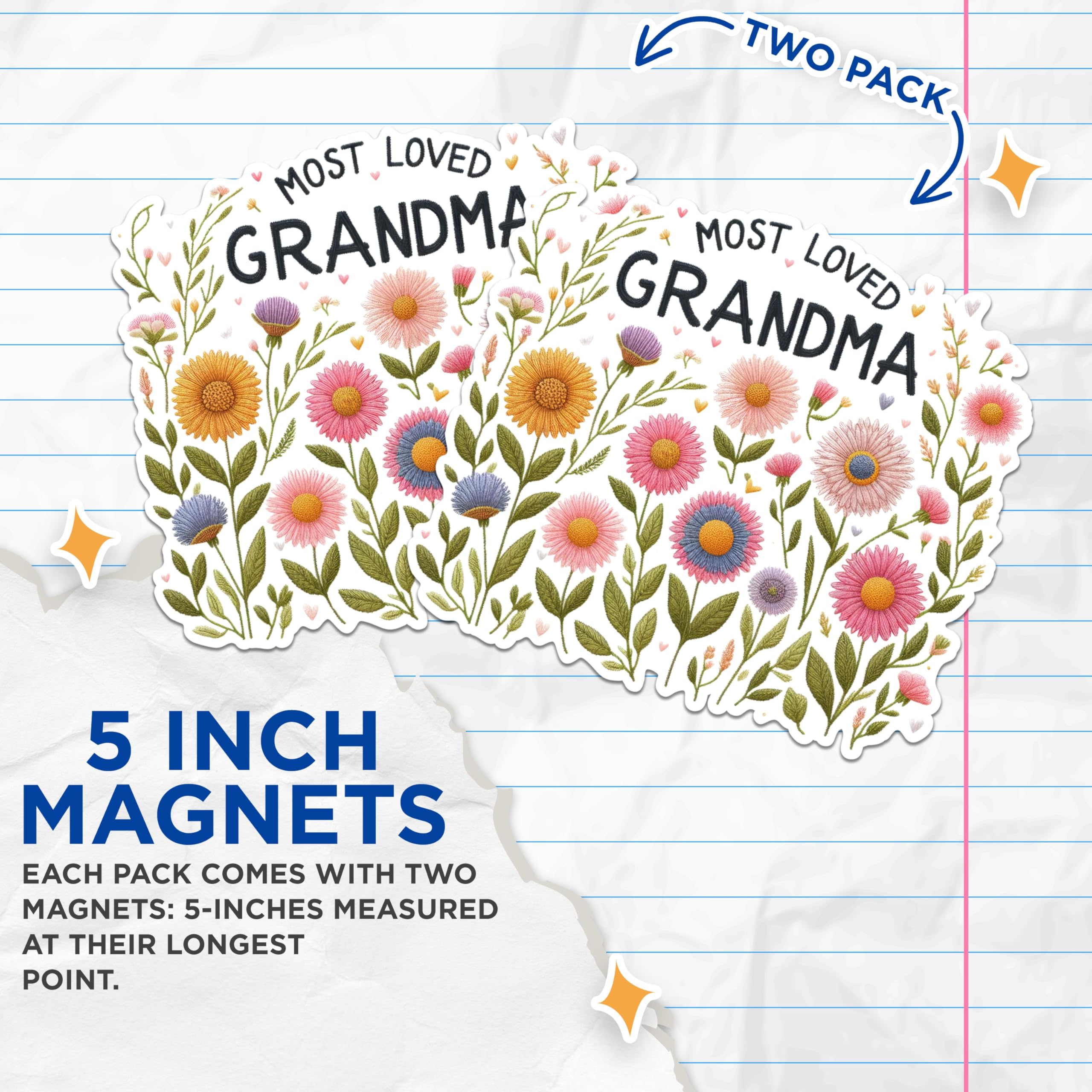 (2 Pack) Most Loved Grandma Magnets - Floral Grandma Magnets - Grandparent Appreciation Magnets- 5" On Longest Side - for Fridges, Toolboxes, Cars - Made in USA - MAG2563