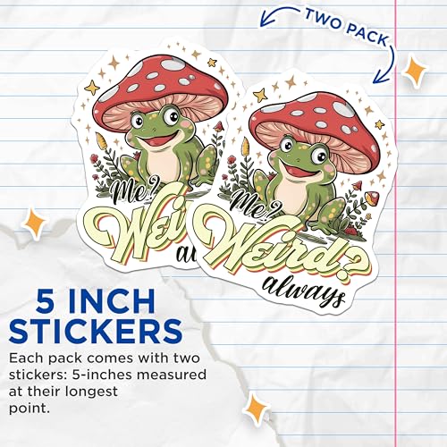 (2 Pack) Funny Frog Stickers - Cute Mushroom Stickers - Adorable Botanical Stickers - 5" On Longest Side - Sticks to Smooth Flat Surfaces - Made in USA - BMCS3766