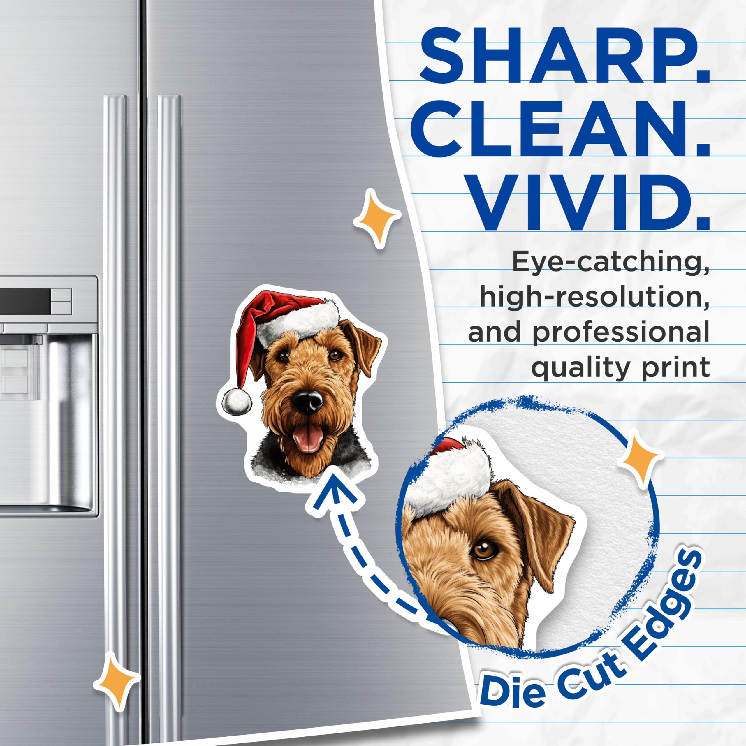 (2 Pack) Airedale Terrier Magnets - Festive Christmas Dog Decor - Santa Hat Dog Art - Holiday Kitchen Refrigerator Magnets - 5 Inches On Longest Side - Thick Durable Magnet - Made in USA - MAG24043