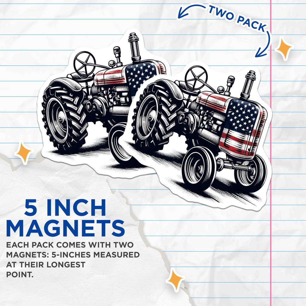 (2 Pack) Tractor Magnets - American Flag Art - Farmhouse Decor - 5" On Longest Side - Premium Magnet - for Cars, Refrigerators, Toolboxes, Lockers - Made in USA - MAG15981