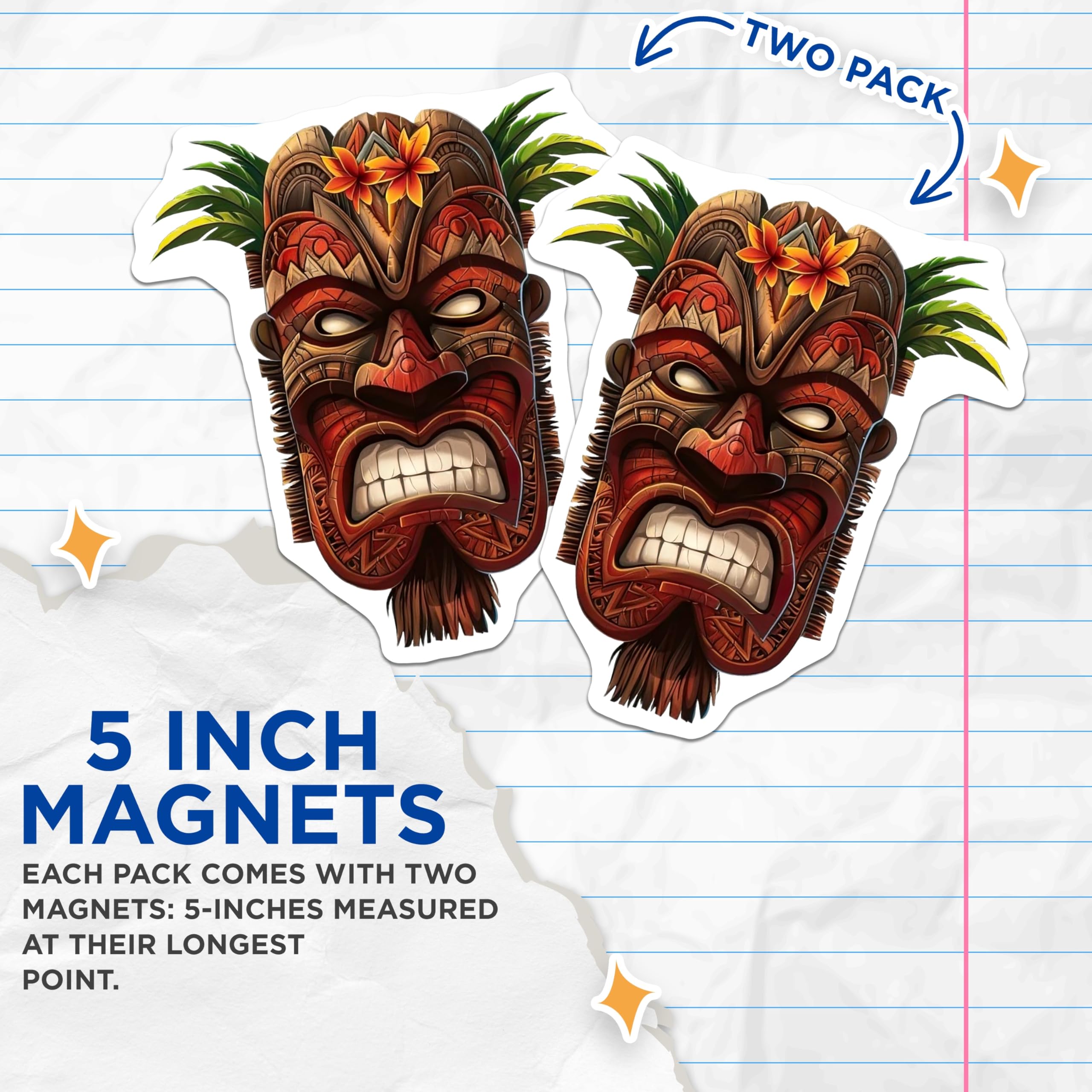 (2 Pack) Vibrant Tiki Mask Magnets - Polynesian Tribal Wall Decor - Hawaiian Exotic Fridge Art Decor - 5 Inches On Longest Side - Thick Durable Magnet - Made in USA - MAG22698