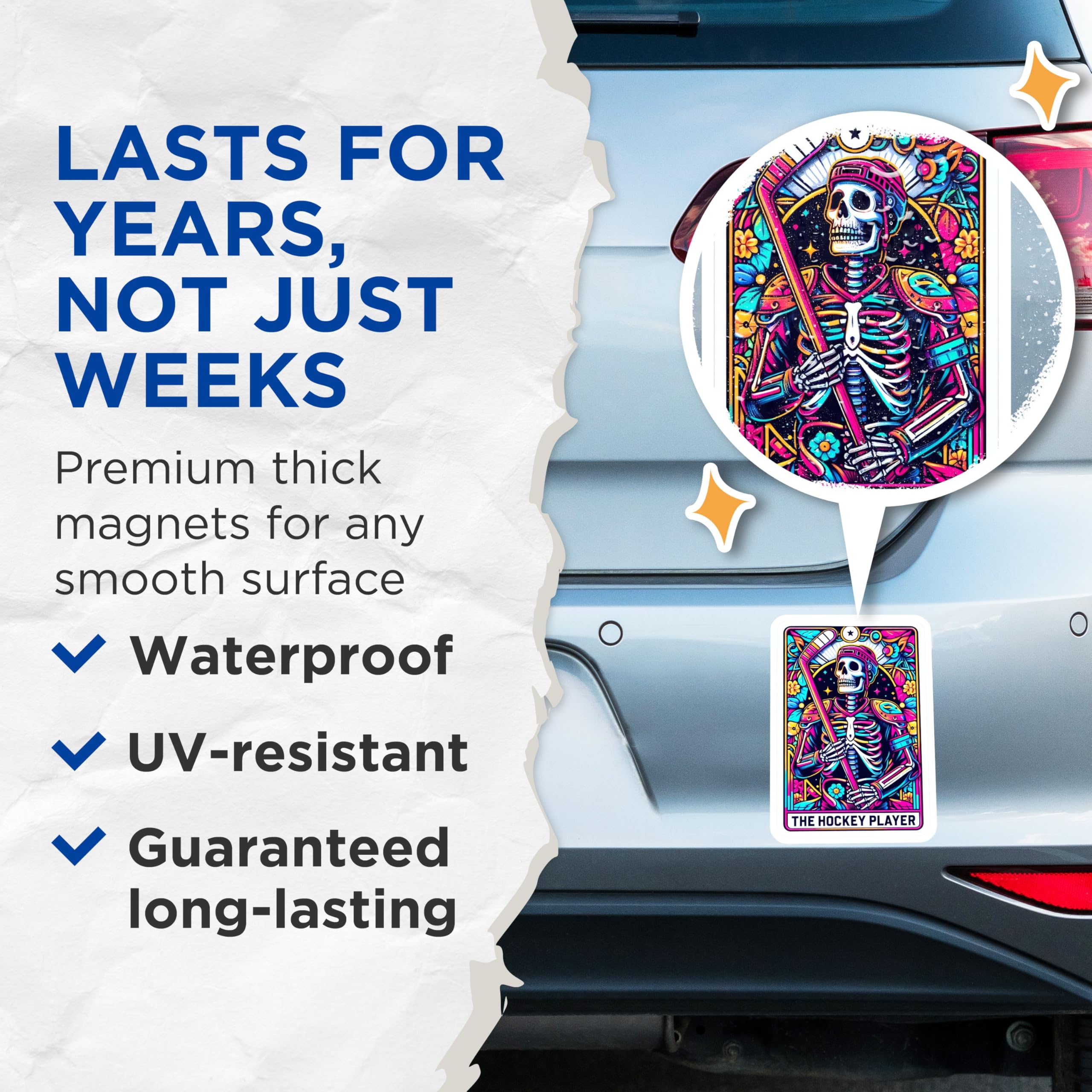 (2 Pack) Hockey Skeleton Magnets - Vibrant Neon Sports Decor - Dia de Los Muertos Player Artwork - Unique Athletic Display - 5 Inches On Longest Side - Thick Durable Magnet - Made in USA - MAG24608
