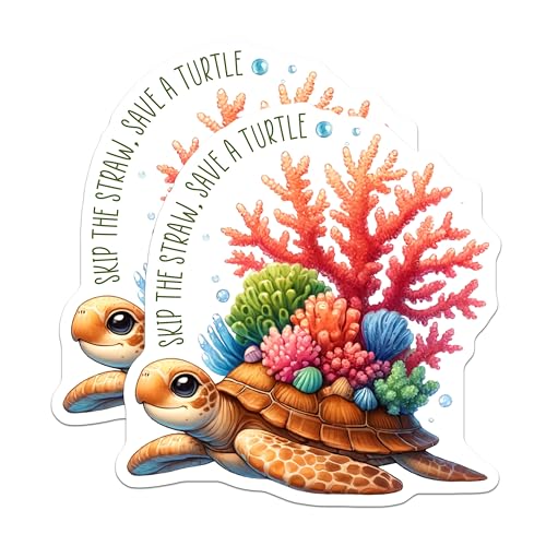 (2 Pack) Skip The Straw Save a Turtle Stickers - Sea Turtle Marine Life - Ocean Conservation - 5" On Longest Side - Sticks to Smooth Flat Surfaces - Made in USA - BMCS7964