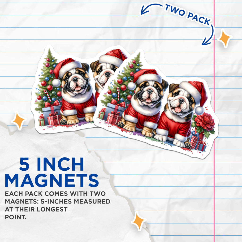 (2 Pack) Christmas Bulldog Magnets - Santa Hat Dog Holiday Pet Decor - Festive Xmas Puppies Refrigerator Animals - 5 Inches On Longest Side - Thick Durable Magnet - Made in USA - MAG23487