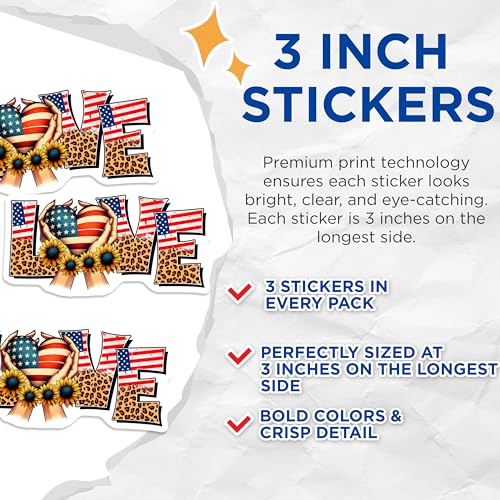 (3 Pack) Patriotic Love Decals - American Flag Sunflower - Laptop Decal - 3 Inches On Longest Side - Easy Peel & Apply - Made in USA - 3MCS8424