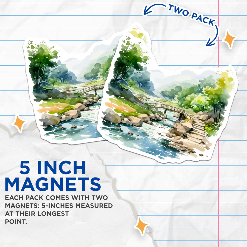 (2 Pack) Watercolor Landscape Magnets - Serene River Bridge Art - Peaceful Japanese Garden Aesthetic Home Decor - 5 Inches On Longest Side - Thick Durable Magnet - Made in USA - MAG19770