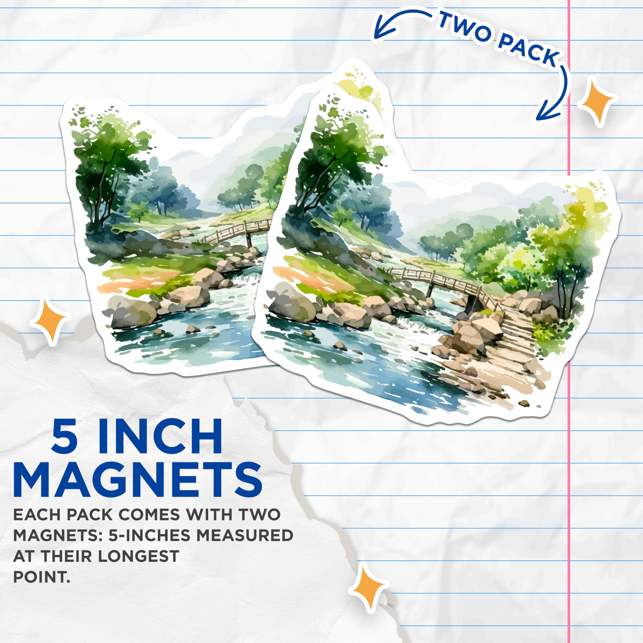 (2 Pack) Watercolor Landscape Magnets - Serene River Bridge Art - Peaceful Japanese Garden Aesthetic Home Decor - 5 Inches On Longest Side - Thick Durable Magnet - Made in USA - MAG19770