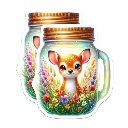 (2 Pack) Cute Deer in Flower Jar Stickers - Adorable Kawaii Animal - Whimsical Nature Art - 5" On Longest Side - Sticks to Smooth Flat Surfaces - Made in USA - BMCS9382