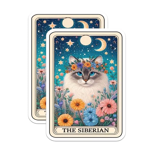 (2 Pack) Siberian Cat Stickers - Floral Cat Stickers - Moon and Stars Cat Stickers - 5" On Longest Side - Sticks to Smooth Flat Surfaces - Made in USA - BMCS5309