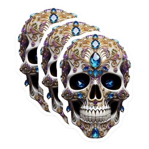 (3 Pack) Jeweled Skull Decals - Sugar Skull - Gothic Laptop Decals - 3 Inches On Longest Side - Easy Peel & Apply - Made in USA - 3MCS7369