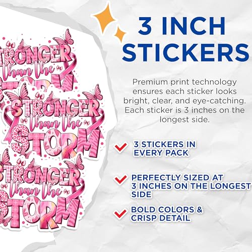 (3 Pack) Stronger Than The Storm Decals - Breast Cancer Awareness - Pink Ribbon Support Decals - 3 Inches On Longest Side - Easy Peel & Apply - Made in USA - 3MCS1306