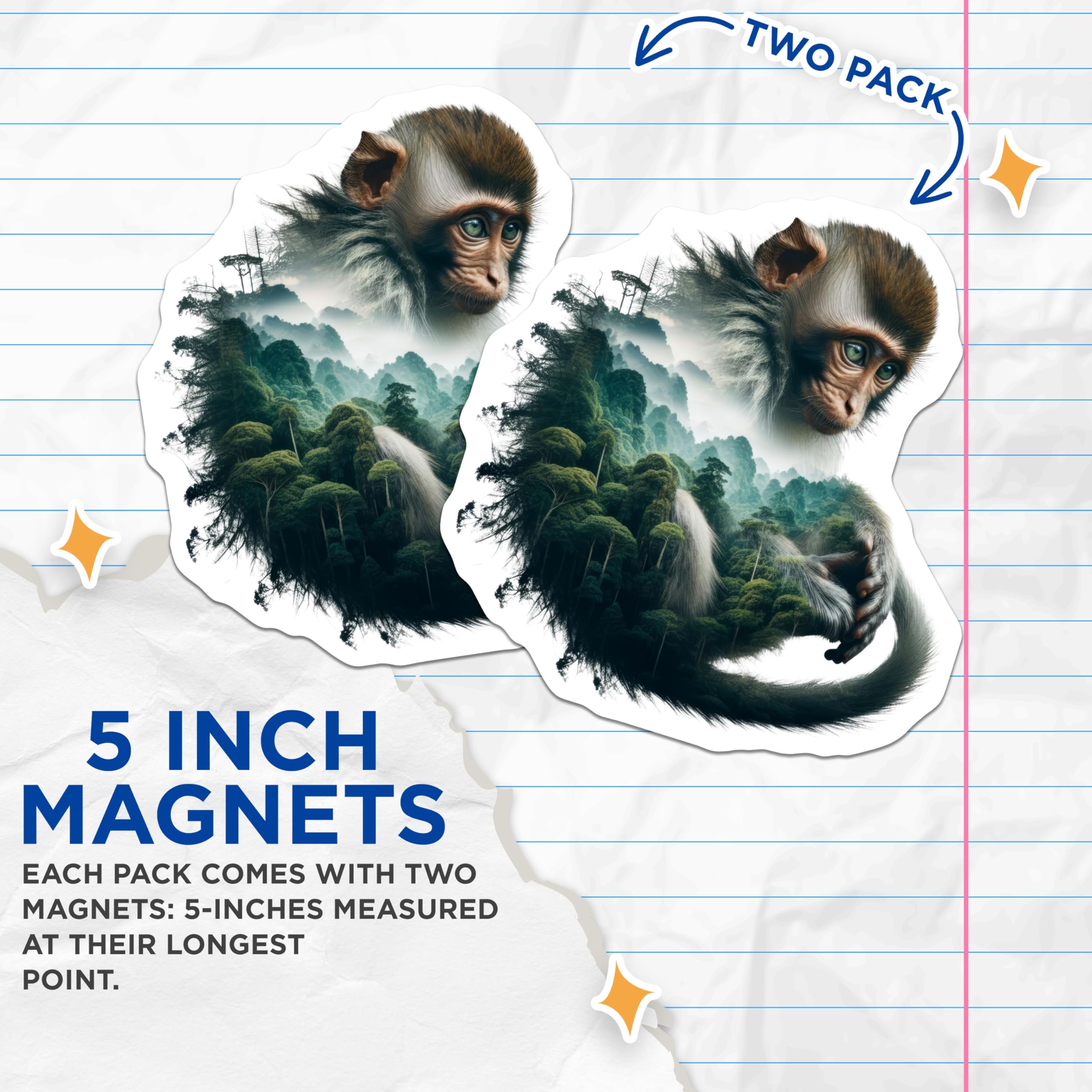 (2 Pack) Monkey Forest Magnets - Animal Lover Decor - Nature Inspired Artwork - 5" On Longest Side - Premium Magnet - for Cars, Refrigerators, Toolboxes, Lockers - Made in USA - MAG14757