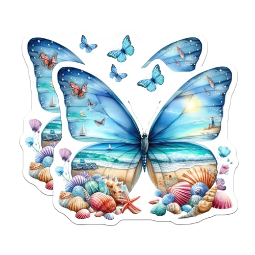 (2 Pack) Beach Scene Butterfly Magnets - Nautical Decor - Vacation Memory Display - Ocean View Magnets - Seaside Artwork - 5" On Longest Side - for Cars, Fridges, Toolboxes - Made in USA - MAG6879