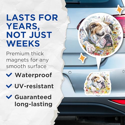 (2 Pack) Bulldog Sleeping Magnets - Cute Dog Illustration - Floral Background Dog Decor - 5" On Longest Side - for Cars, Fridges, Toolboxes - Made in USA - MAG7222
