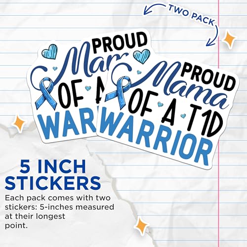 (2 Pack) Proud Mama of A T1D Warrior Stickers - Diabetes Awareness Stickers - Type 1 Diabetes Warrior Stickers - 5" On Longest Side - Sticks to Smooth Flat Surfaces - Made in USA - BMCS3822