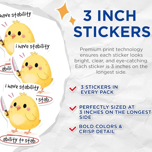 (3 Pack) Funny Chicken Decals - Stability Ability - Laptop Decals - 3 Inches On Longest Side - Easy Peel & Apply - Made in USA - 3MCS2092