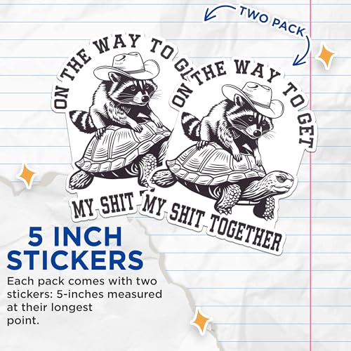 (2 Pack) Funny Raccoon Turtle Stickers - Cute Animal Stickers - Motivational Quote Stickers - 5" On Longest Side - Sticks to Any Smooth Flat Surface - Made in USA - BMCS2560