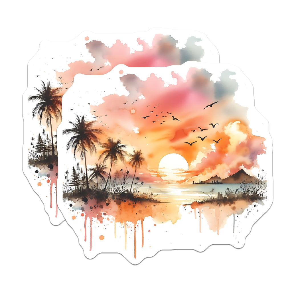 (2 Pack) Sunset Beach Magnets - Palm Tree Art - Watercolor Ocean Scene - 5" On Longest Side - Premium Magnet - for Cars, Refrigerators, Toolboxes, Lockers - Made in USA - MAG14381