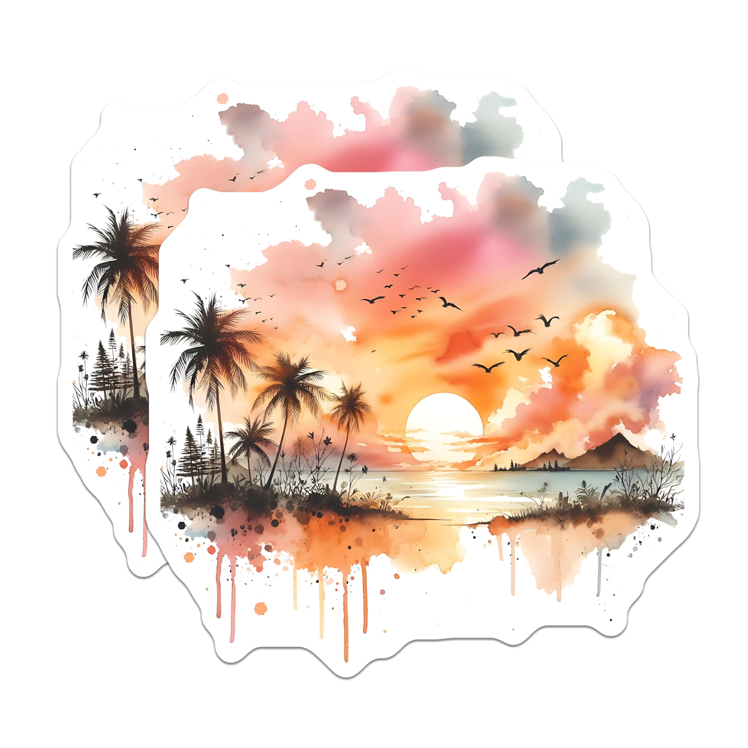 (2 Pack) Sunset Beach Magnets - Palm Tree Art - Watercolor Ocean Scene - 5" On Longest Side - Premium Magnet - for Cars, Refrigerators, Toolboxes, Lockers - Made in USA - MAG14381