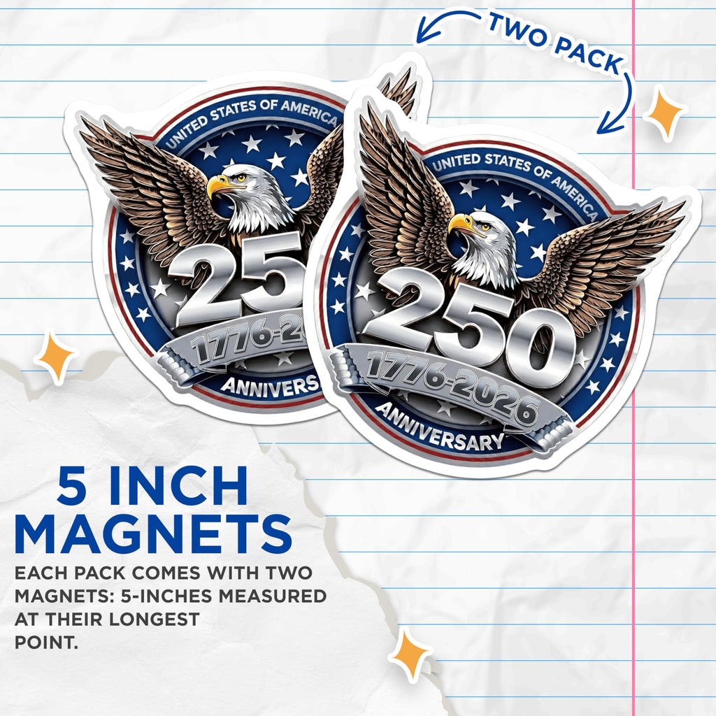 (2 Pack) USA 250th Anniversary Magnets - Patriotic American Eagle - 1776 2026 Commemorative Decor - 5 Inches On Longest Side - Thick Durable Magnet - Made in USA - MAG29007