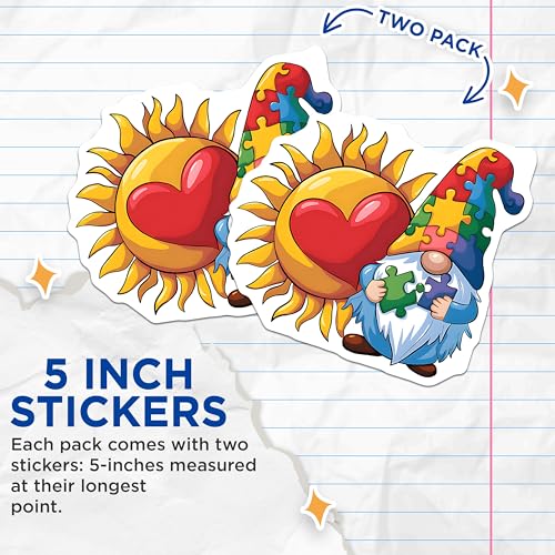 (2 Pack) Puzzle Piece Gnome Stickers - Autism Awareness - Puzzle Gnome with Heart and Sun - 5" On Longest Side - Sticks to Smooth Flat Surfaces - Made in USA - BMCS9844