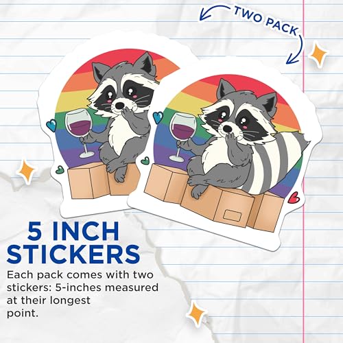 (2 Pack) Cute Raccoon Stickers - Rainbow Raccoon Holding Wine - Adorable Animal Design - Colorful Animal - 5" On Longest Side - Sticks to Smooth Flat Surfaces - Made in USA - BMCS7088